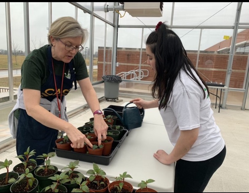 Going Green…Discussing plants, Greenhouse Grower advisor Kimberly Wilson (left) and member Ally Pham pot new plants. The Greenhouse Growers club started in 2019. 
Photo reprinted with permission from Ally Mahoney. 