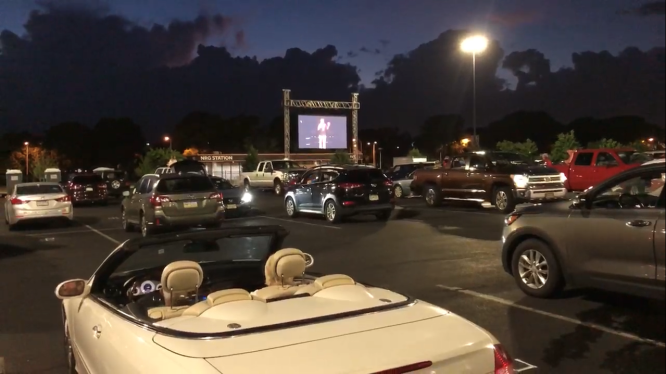 Standing for stand-up…  Harleysville residents enjoy an outdoor stand-up comedy show due to COVID-19 restrictions. The show featured Jim Gaffigan on August 29 at the Lincoln Financial Field parking lot.