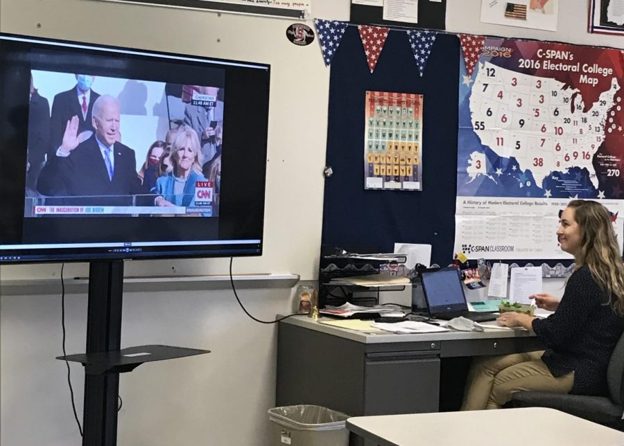 Arrowhead Photo by Claudia Elwell
Witnessing history…Tuning into CNN, social studies teacher Amanda Gale watches Joe Biden take the Presidential Oath of Office next to Dr. Jill Biden  during the inauguration on January 20. Many teachers throughout the school paused during class to watch the inauguration. 