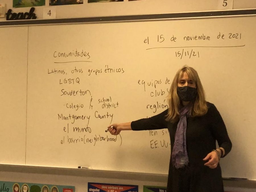 El mundo in the classroom...As a learning activity for her Spanish II class, world language teacher Christine Yardley has her students think of the different communities of which they are a part. The students gave Yardley numerous examples of communities they are involved in such as ethnic groups, Souderton, Montgomery County and “el mundo,” or the world. 