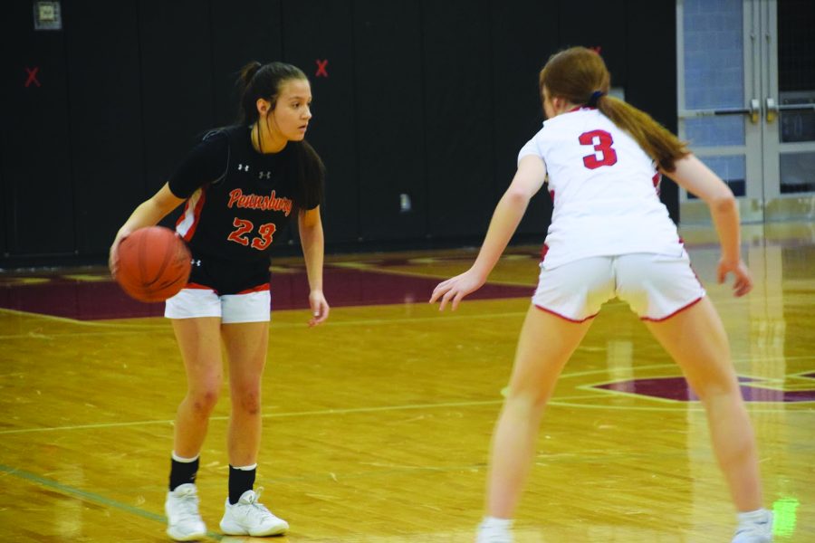 A+determined+defense...Defending+against+a+Pennsbury+player+during+a+March+4+game+to+determine+playoff+seeding%2C+sophomore+Brooke+Fenchel+focuses+on+blocking+the+opponent.+The+girls+basketball+team+worked+together+on+court+as+well+as+at+practices+to+prepare+for+the+state+tournament+that%2C+for+them%2C+started+on+March+8.