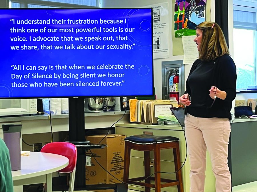 Discussing identity…Displaying quotes from Matthew Shepard’s mother, Judy, GSA co-advisor Allyson Fitzpatrick presents a slideshow at the Day of Silence educational meeting held on April 5. Shepard’s words were in response to a question about LGBTQ+ frustration asked at the end of an educational seminar held at Montgomery County Community College in 2014.