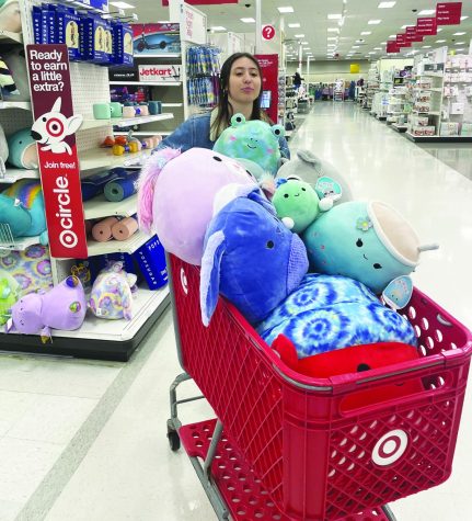 Material gurl...Shopping for Squishmallows, senior Anna Roman fills her Target cart. There are now over 1,000 different Squishmallows available at retail stores such as Target, Hallmark and Five-Below.