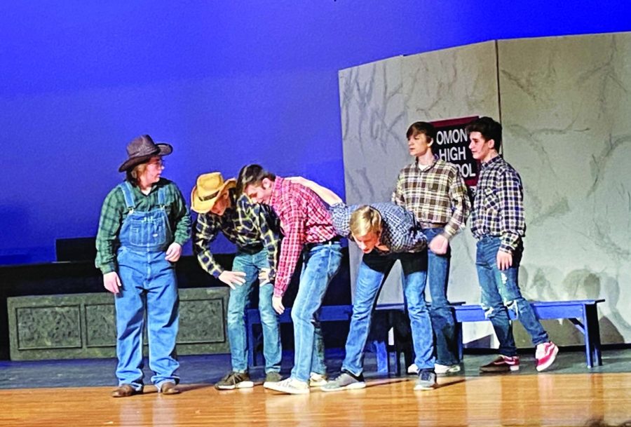 Cutting loose… Performing “Mama Says” on April 22, (from left) senior Dan Micsion, sophomores Jackson Rohrbaugh, Cayden Johnson, Abraham Bleazard, juniors Logan Conver and Holden Finley entertain the crowd.
