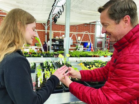 A growing community…Showing off the plants, sophomore Emily Rychlak offers local resident John Wilson a zucchini plant for sale. The plant sale in the greenhouse allows the community to interact with students.