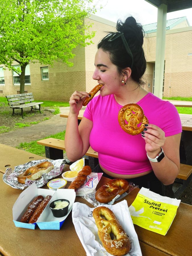 Putting the pretz to the test…Taste testing six different soft pretzels, senior Sophie Rodrique contemplates the winner. Pretzels are locally sold at Rita’s, Dairy Queen, Wawa, Philly Pretzel factory, Applebees and Sonic.
