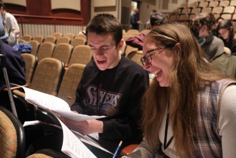 Pitch perfect…Singing in harmony, senior Ally Lemon and junior Connor Feick rehearse their music. District Chorus took place from January 12-14 at Council Rock South High School.