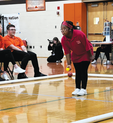 Rolling into regionals…Preparing her move on the court, Unified Bocce team member 
Mari Knepp gets ready to make her roll. 