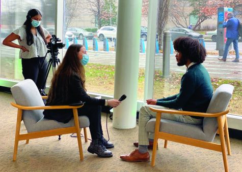 Breaking news…Expanding their journalism techniques during an Arrowhead field trip to WHYY Studios in Philadelphia on March 23, senior Amanda Hill interviews WHYY reporter Kenny Cooper while junior Sahana George works the camera.