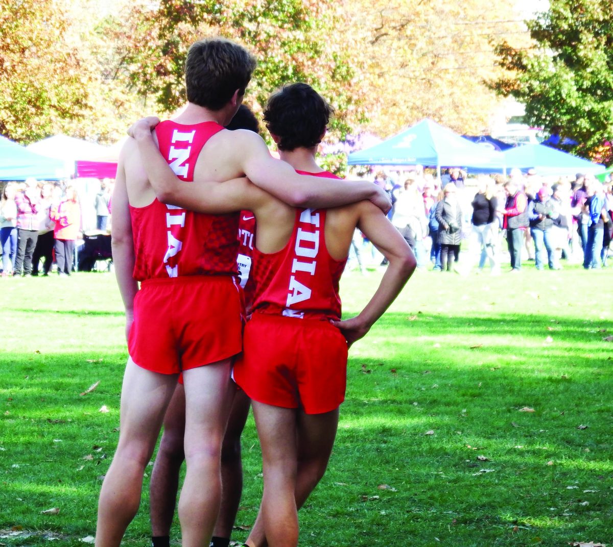 Together we’re stronger…Whilst preparing for their PIAA state race, senior James Kuduk (right) and senior Aidan Kearns showcase their bond. Souderton placed fourth in the state while Kuduk and Kearns both finished with course personal records and placed 25th and 41st, respectively.