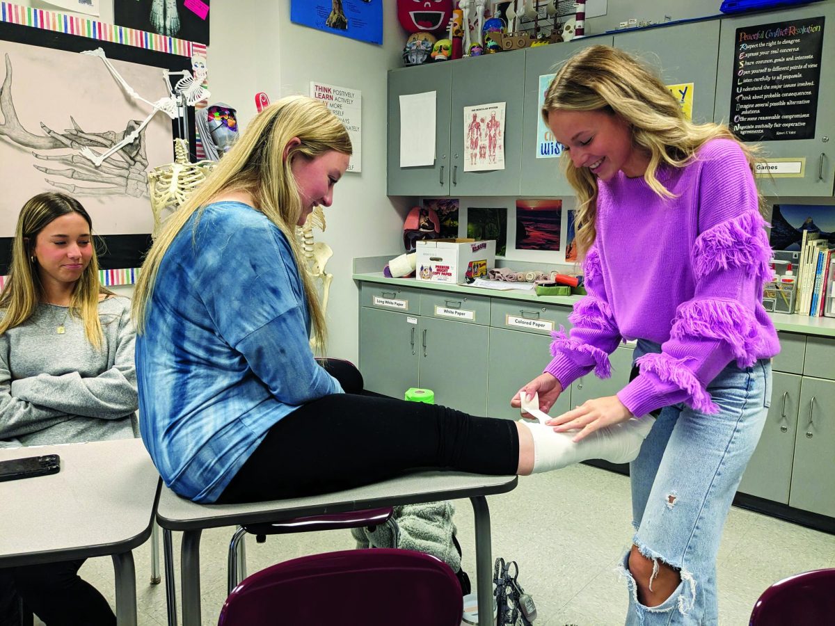 No ice needed…Learning to deal with ankle injuries, senior Olivia Plinkie (right) practices by tapping senior Natalie Hafe’s ankle. This is one of the many interactive activities students taking sports medicine do.