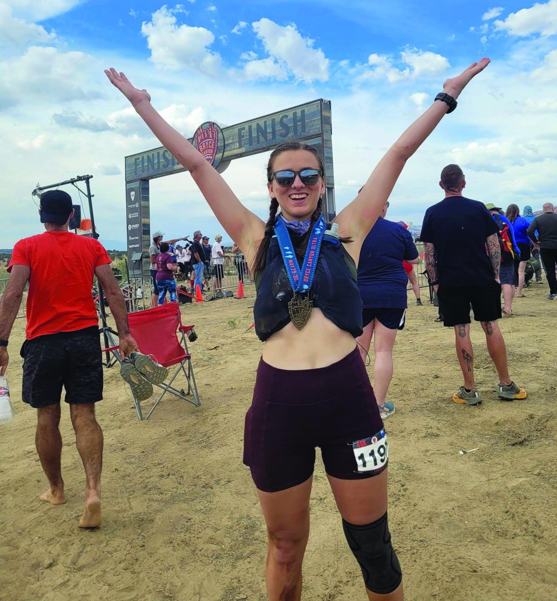 A run to remember… Finishing her 60k race, ultramarathon runner Samantha Luchansky celebrates her accomplishment. The run took place at Bryce Canyon in Utah on May 29, 2021. 