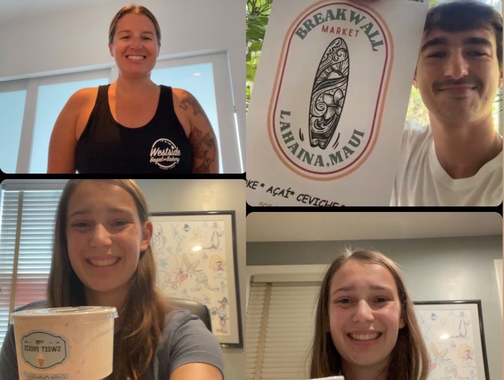Online meeting…Discussing the “Scoops for Lahaina” fundraiser, business owners Jennifer Hendriksen (top left), Cole Shadle (top right) and Chaya Thomas (bottom) figure out the details of The Sweet Freeze’s fundraiser. 