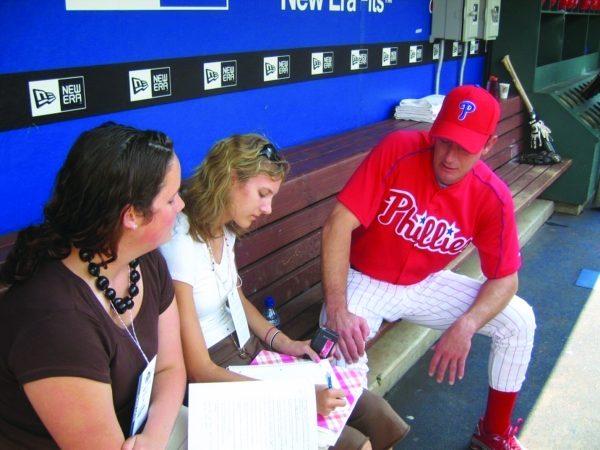 Throwback…Interviewing Phillies pitcher and Souderton alumni Jamie Moyer, former Arrowhead sports editor Meghan McSloy (left) and editor in chief Abigail Kramer-Hunt sit in the Citizens Bank Park’s dugout. McSloy and Hunt interviewed Moyer during the 2006-2007 school year. 
