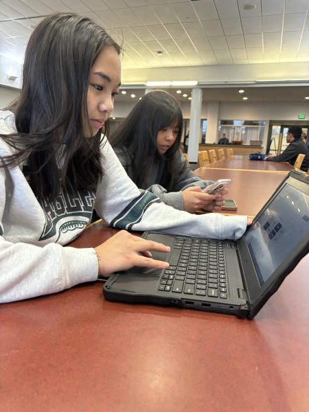 Intellectual gaming… Freshman’s Rhylie Hernandez (left) and Mahrin Hassan (right) enjoy playing their daily round of New York Time’s Connections. 
