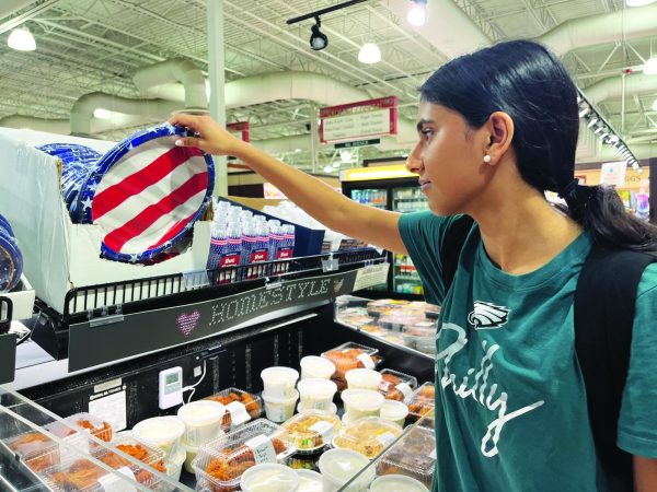 Getting ready to celebrate…  Looking forward to the Memorial Day holiday, sophomore Janvi Patel purchases festive plates for a barbeque. Memorial Day will take place on May 27 nationally. 