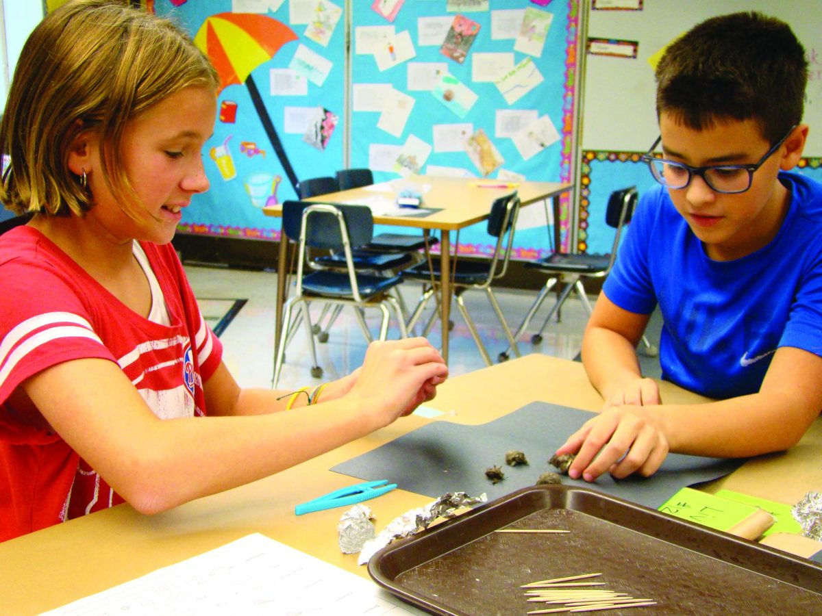 Dissecting and discovering…Digging through an owl pellet, Salford Hills fifth graders Liv Mott (left) and Adam Provo explore the components that makeup owl pellets while searching for animal bones.