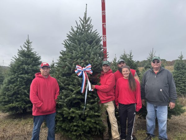 A tree-riffic day...During the October 4 Arrowhead and SAVE field trip, (from left) Bustard’s Christmas Trees manager Dan Bugman, co-owner Glenn Bustard, employee Ryanne McTamney, manager Dom Cassel and co-owner Jay Bustard commemorate the choosing of the Vice President’s Christmas tree.