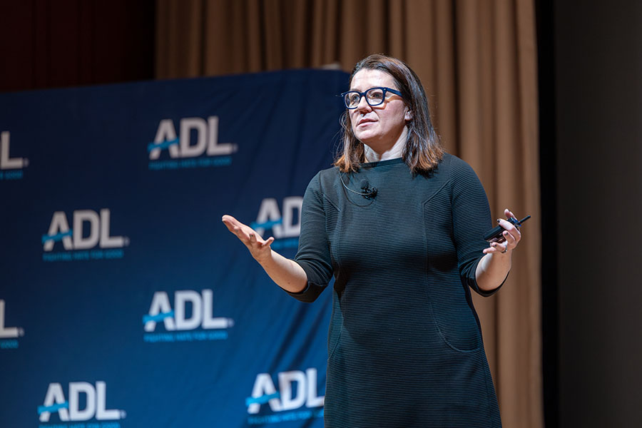 Addressing the crowd...Presenting at the ADL Conference in Philadelphia on December 11, speaker Jill Walsh highlights the importance of teens understanding misinformation and the appropriate behaviors to use on social media platforms.