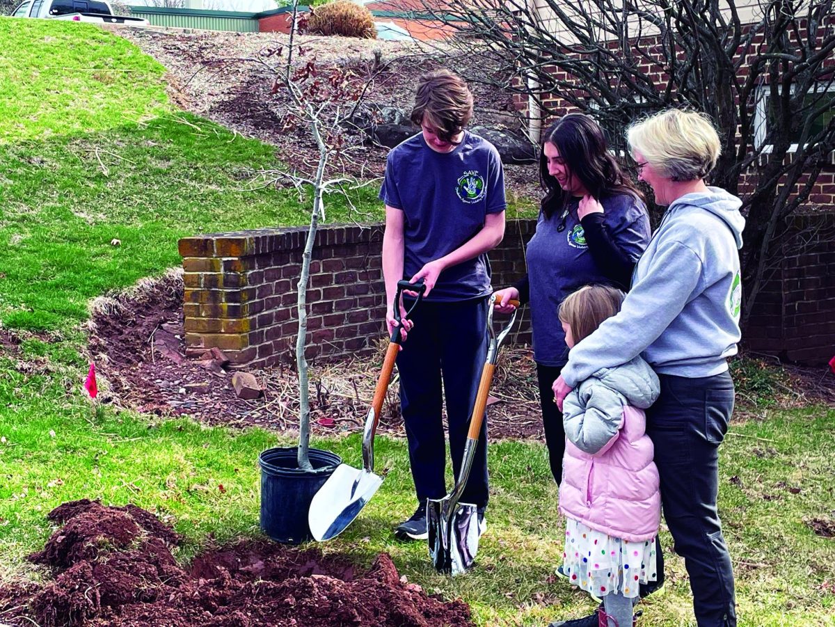 Breaking ground…Clearing away earth with ceremonial shovels, (from left) SAVE member Quincy Canavan, SAVE officer Cate Haigh and SAVE advisor Kim Wilson prepare to plant an oak tree. SAVE broke ground on March 22 to commemorate the demolition of the organization’s outdoor classrooms.