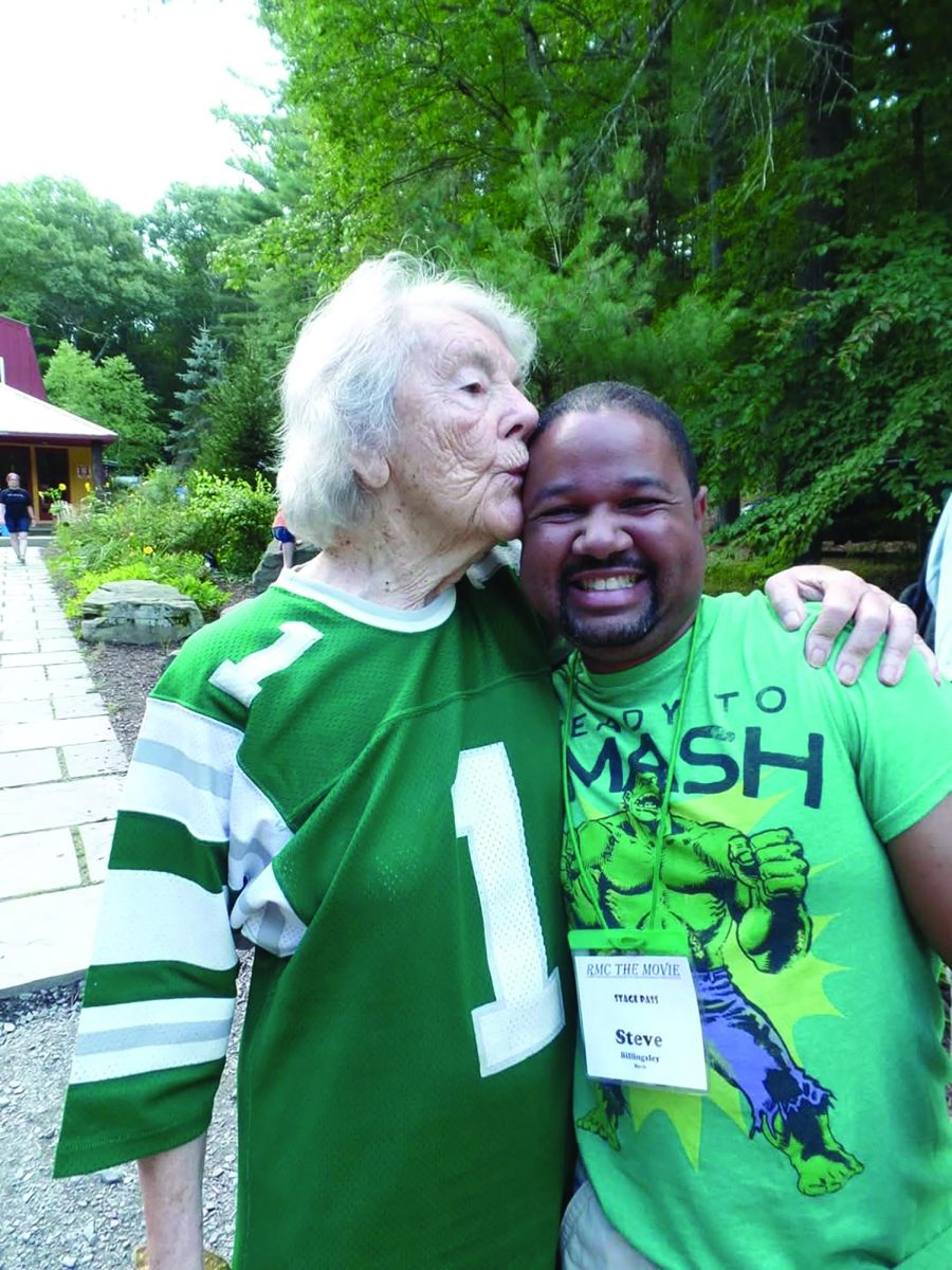 ‘RMC is the place to be’...During a 2016 visit to the Ronald McDonald Camp that she helped create in 1987, pediatric oncologist Audrey Evans says hello to RMC counselor and friend Steve Billingsley.
