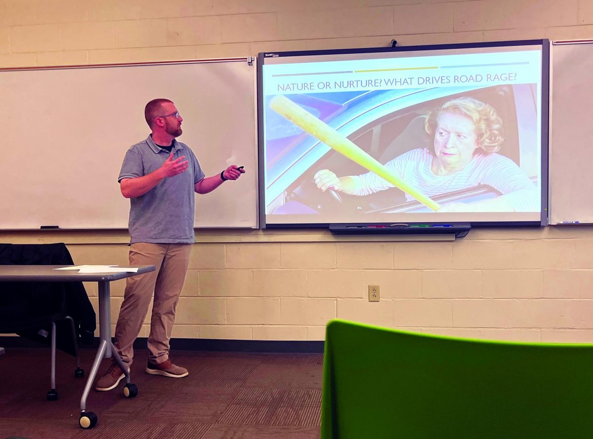 Driving forward… Presenting his final presentation for his English Composition 101 class on April 29, Montgomery County Community College student Anthony Percy discusses the causes of road rage. 