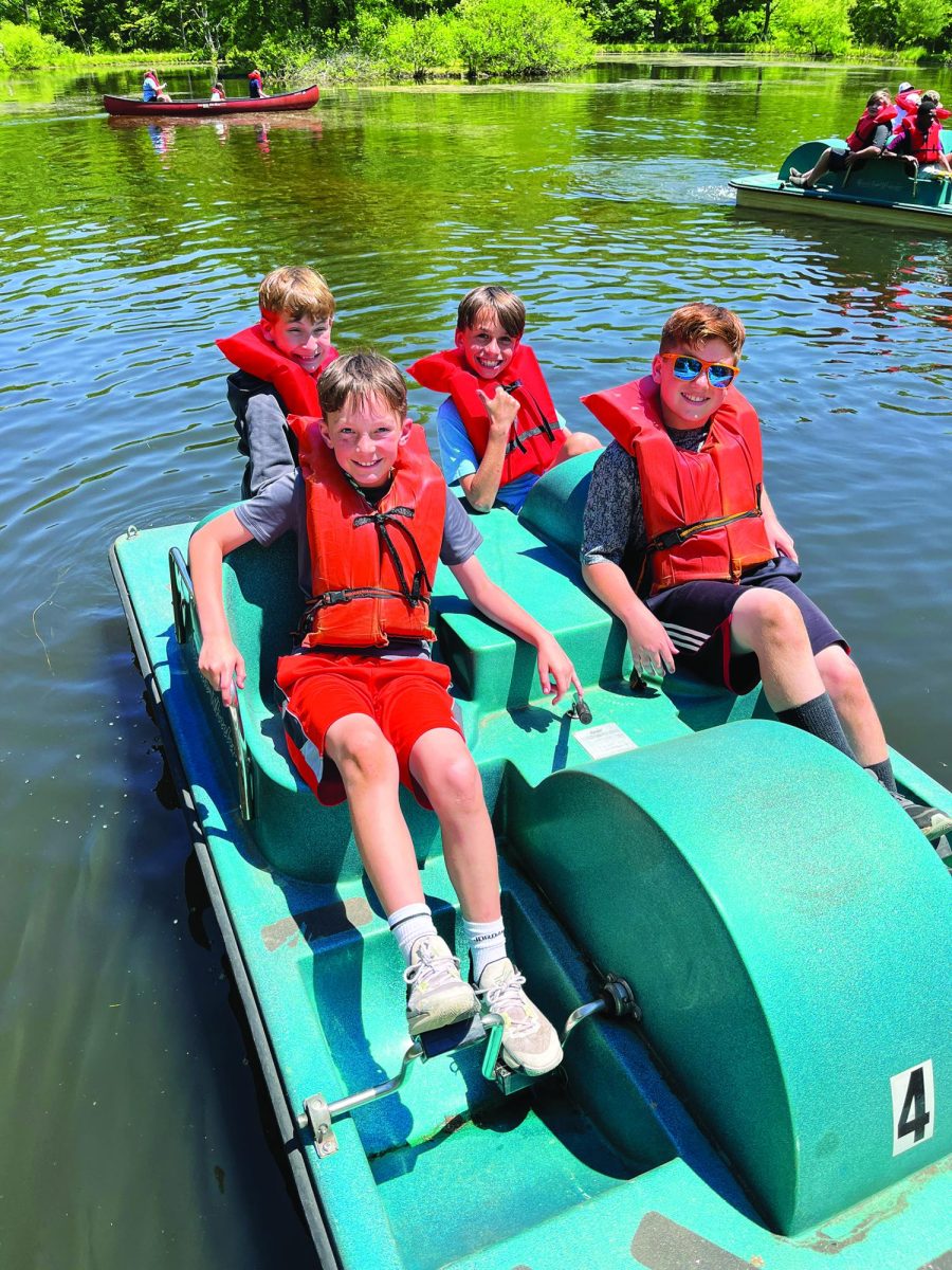 Buoy, life is good…Paddling in the pond, 2023 Salford Hills fifth grade graduates (front left to right) Brycen Everitt, Ethan Wheeler, (back left to right) Ben Crino and Colin Callahan enjoy boating. For the 2025-2026 school year, Outdoor School ran from May 27-29.
