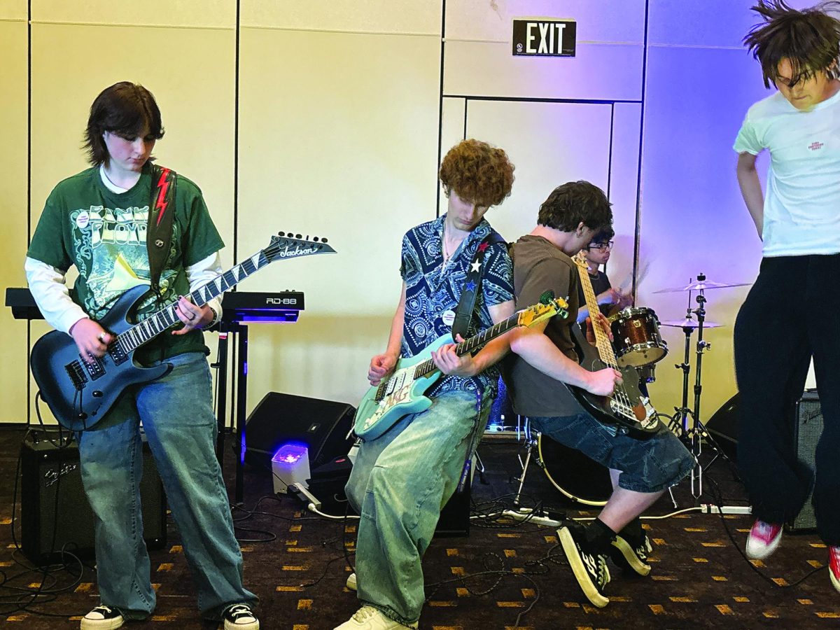 Rocking and rolling…Jamming at the Pennsylvania Music Education Association Conference on April 24, (from left) freshman Sienna Saylor, senior Aidan Golla and juniors Garrett Schlank and Timmy Stopyra rock out.
